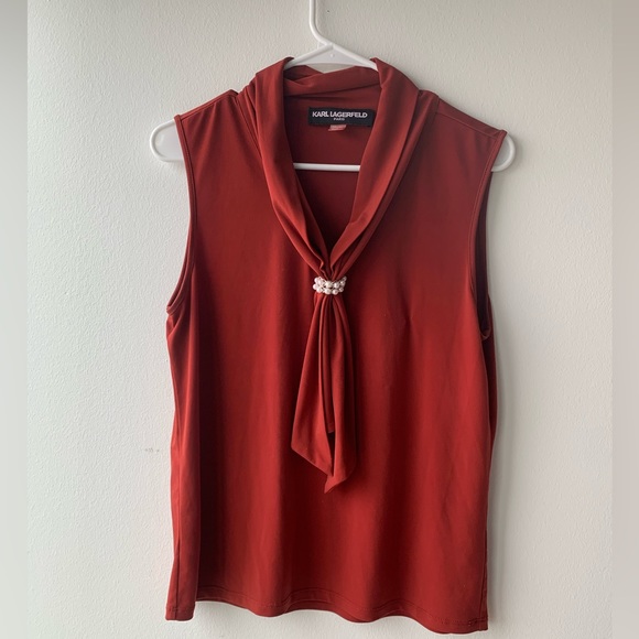 Karl Lagerfeld Paris Sleeveless Blouse Pearl Top Terracotta Red Size Small - Picture 2 of 7